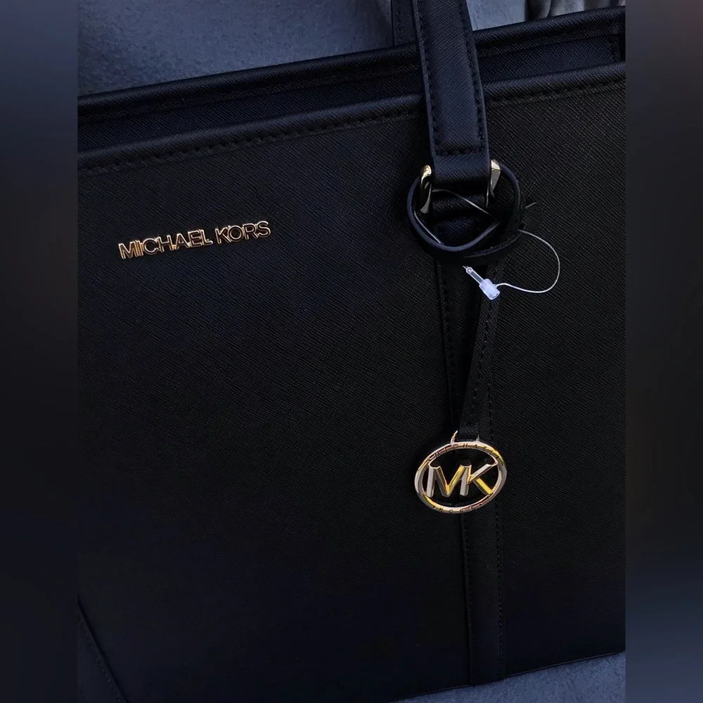 Michael Kors Black Leather Tote with Gold Logo Charm